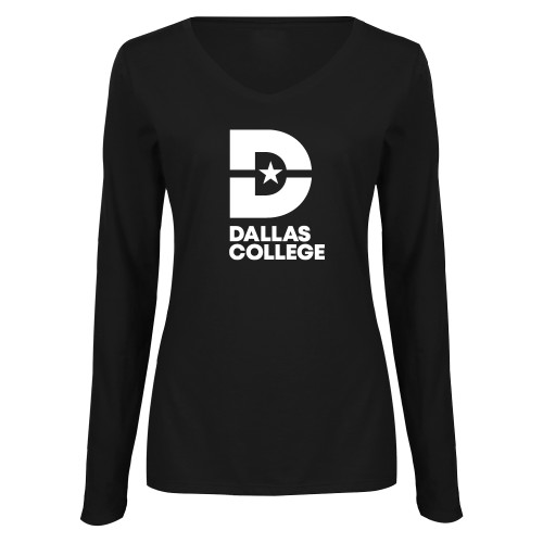  Womens Black Long Sleeve V Neck Tee  - Vertical Logo