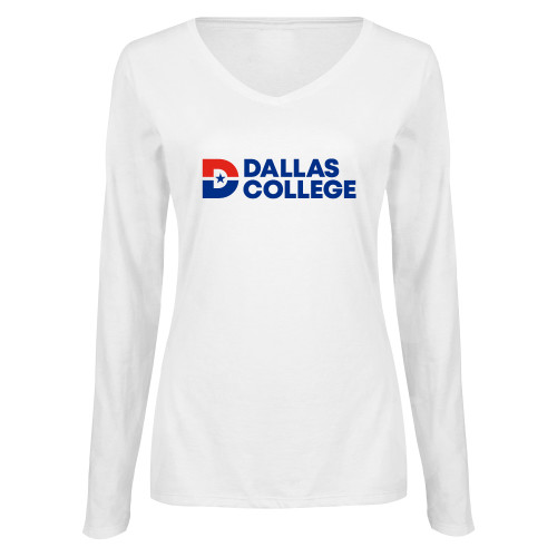  Womens White Long Sleeve V Neck Tee - Primary Mark