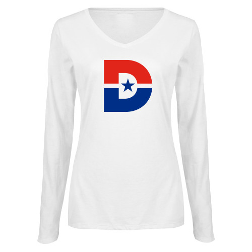  Womens White Long Sleeve V Neck Tee - D Mark