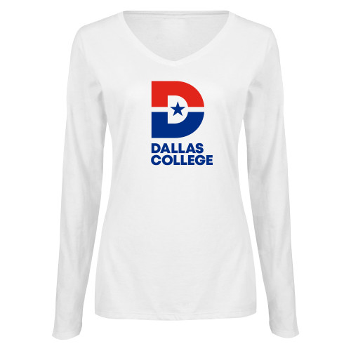  Womens White Long Sleeve V Neck Tee - Vertical Logo