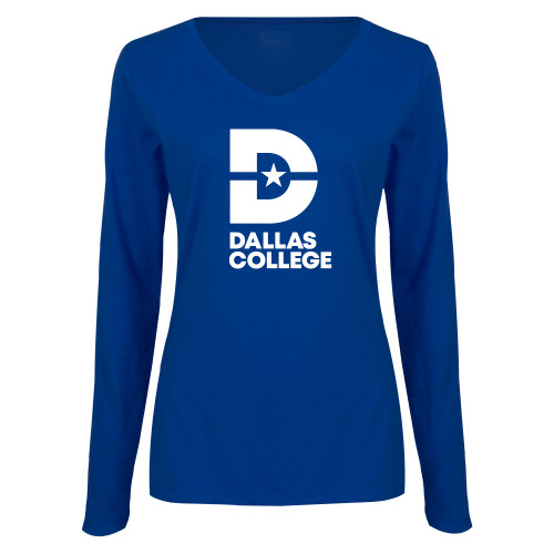  Womens Royal Long Sleeve V Neck Tee  - Vertical Logo
