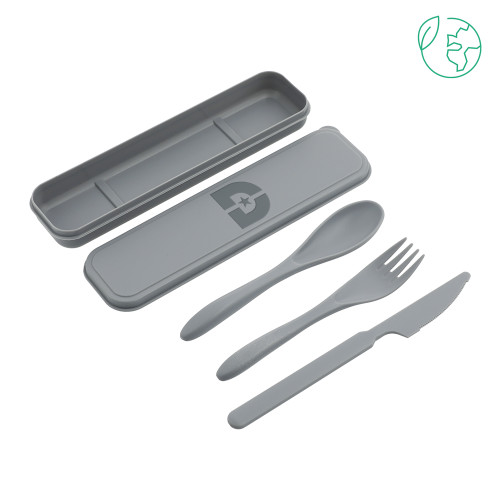  Bamboo Fiber Grey Cutlery Set - Flat Wordmark Engraved