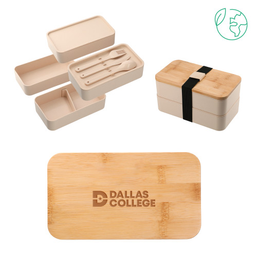  Stackable Bamboo Fiber Beige Bento Box - Primary Mark Engraved