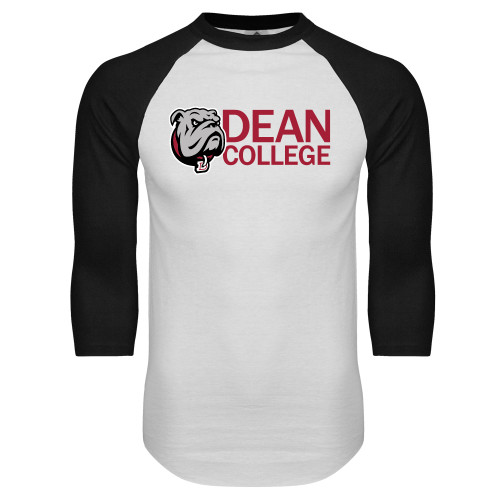  White/Black Raglan Baseball T Shirt - Dean College w/ Bulldog Head