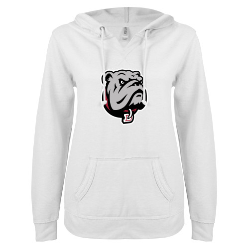  ENZA Womens White V Notch Raw Edge Fleece Hoodie - Bulldog Head