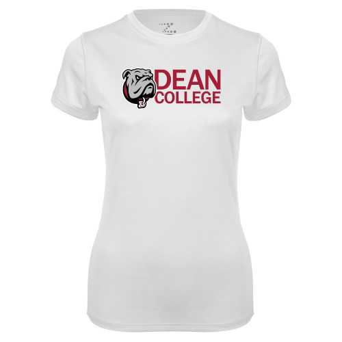  Womens White Performance Tee - Dean College w/ Bulldog Head