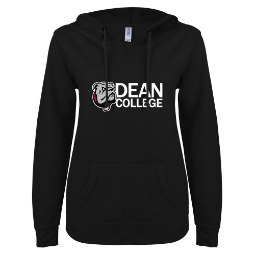  ENZA Womens Black V Notch Raw Edge Fleece Hoodie - Dean College w/ Bulldog Head