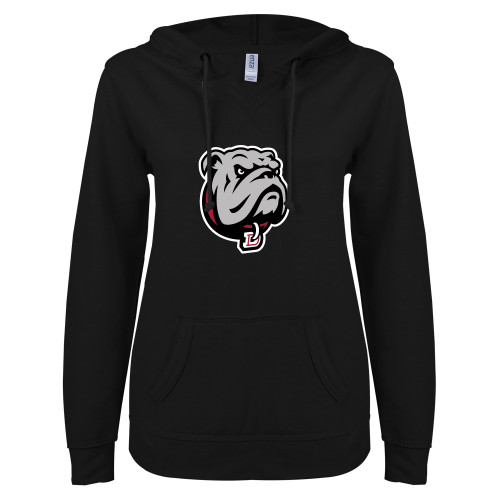  ENZA Womens Black V Notch Raw Edge Fleece Hoodie - Bulldog Head