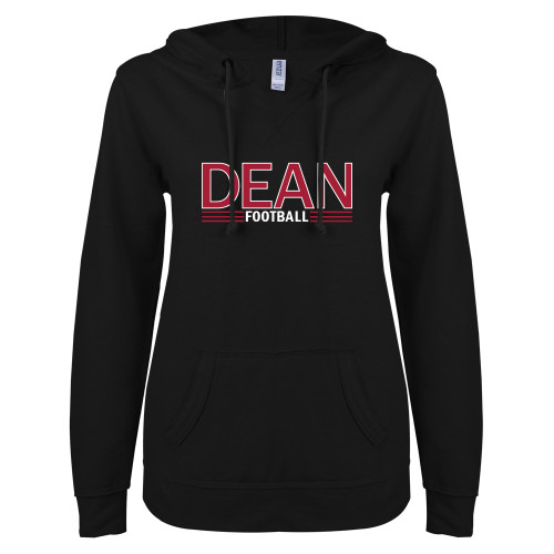  ENZA Womens Black V Notch Raw Edge Fleece Hoodie - Football
