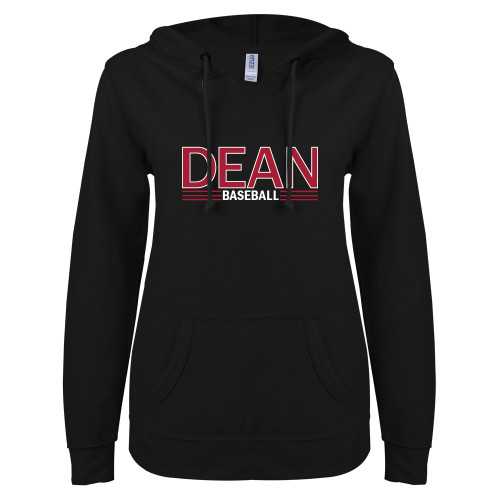  ENZA Womens Black V Notch Raw Edge Fleece Hoodie - Baseball
