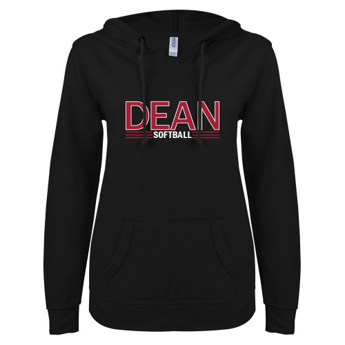  ENZA Womens Black V Notch Raw Edge Fleece Hoodie - Softball