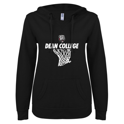  ENZA Womens Black V Notch Raw Edge Fleece Hoodie - Basketball Net Design