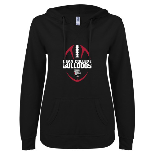  ENZA Womens Black V Notch Raw Edge Fleece Hoodie - Football Ball Design
