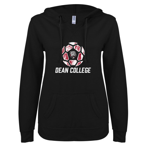  ENZA Womens Black V Notch Raw Edge Fleece Hoodie - Distressed Soccer Design