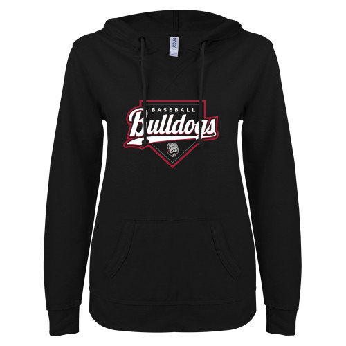  ENZA Womens Black V Notch Raw Edge Fleece Hoodie - Baseball Plate Design