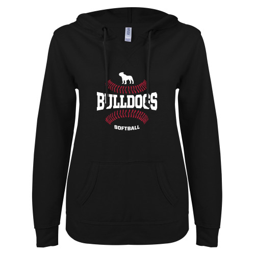  ENZA Womens Black V Notch Raw Edge Fleece Hoodie - Softball Seams Design
