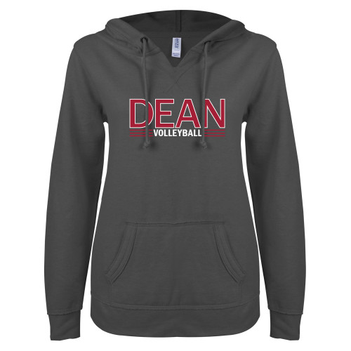  ENZA Womens Dark Heather V Notch Raw Edge Fleece Hoodie - Volleyball