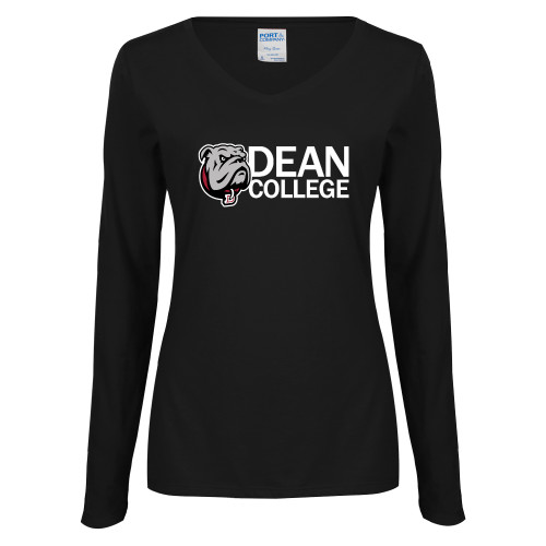  Womens Black Long Sleeve V Neck Tee  - Dean College w/ Bulldog Head