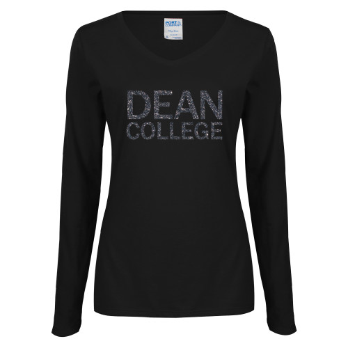  Womens Black Long Sleeve V Neck Tee  - Primary Mark Graphite Soft Glitter