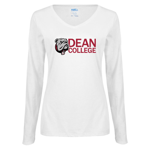  Womens White Long Sleeve V Neck Tee - Dean College w/ Bulldog Head