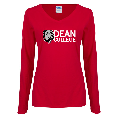  Womens Cardinal Long Sleeve V Neck Tee  - Dean College w/ Bulldog Head