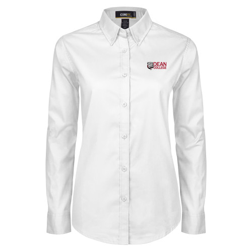  Womens White Twill Button Down Long Sleeve - Dean College w/ Bulldog Head