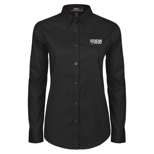  Womens Black Twill Button Down Long Sleeve  - Dean College w/ Bulldog Head