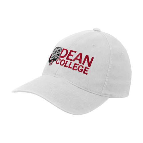  White Flexfit Structured Low Profile Hat - Dean College w/ Bulldog Head