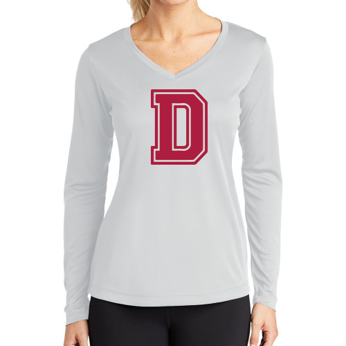  Womens White Performance Long Sleeve V Neck Shirt - D