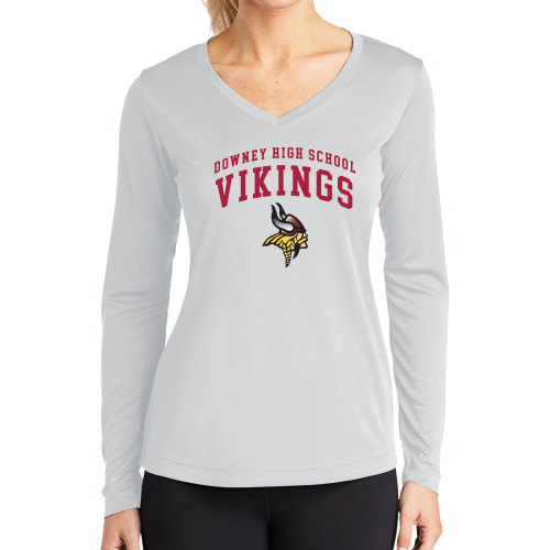  Womens White Performance Long Sleeve V Neck Shirt - Downey Vikings