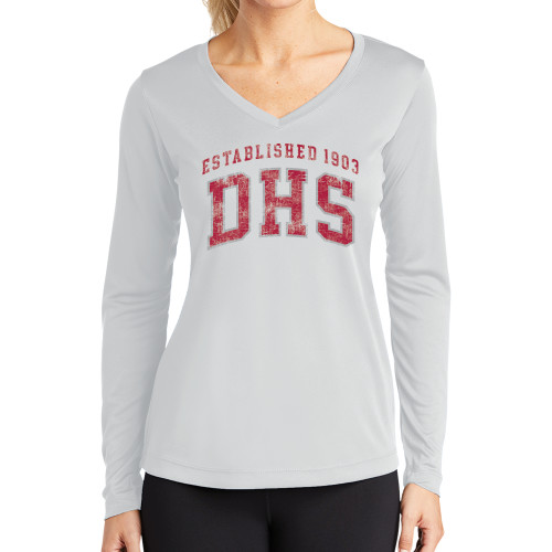  Womens White Performance Long Sleeve V Neck Shirt - Est. DHS