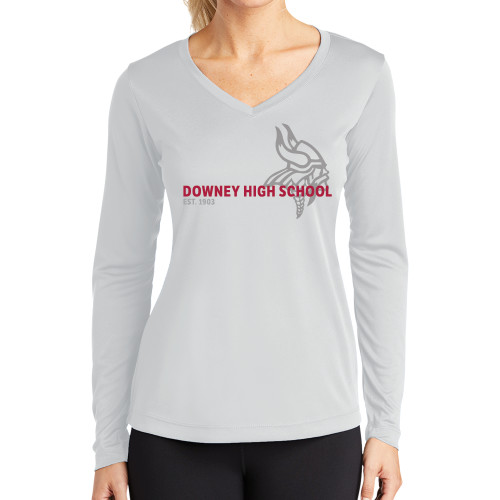  Womens White Performance Long Sleeve V Neck Shirt - Downey High School