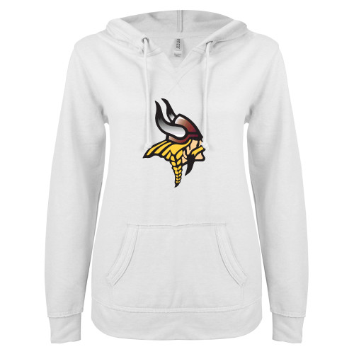  ENZA Womens White V Notch Raw Edge Fleece Hoodie - Viking