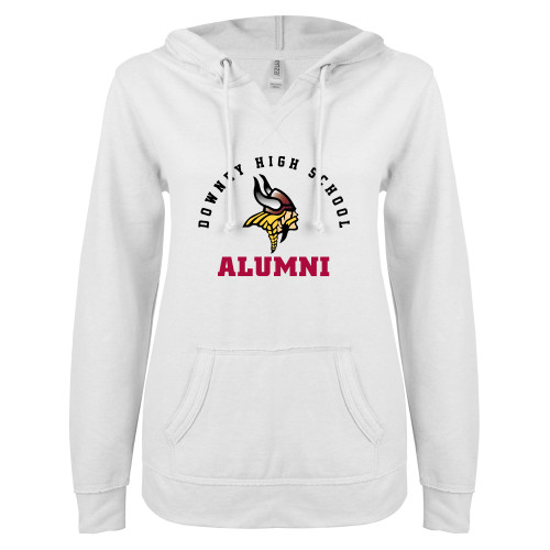  ENZA Womens White V Notch Raw Edge Fleece Hoodie - Alumni