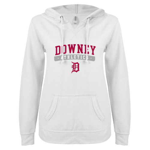  ENZA Womens White V Notch Raw Edge Fleece Hoodie - Athletics