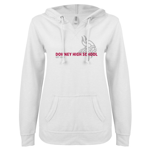  ENZA Womens White V Notch Raw Edge Fleece Hoodie - Downey High School