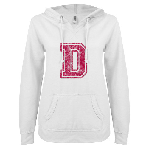  ENZA Womens White V Notch Raw Edge Fleece Hoodie - D. Distressed