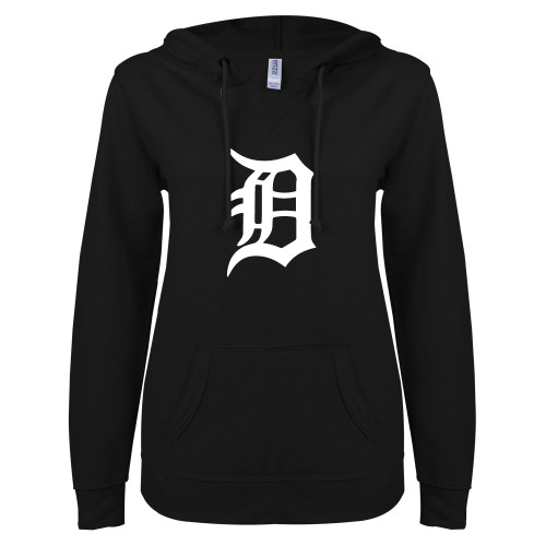  ENZA Womens Black V Notch Raw Edge Fleece Hoodie - Primary Mark