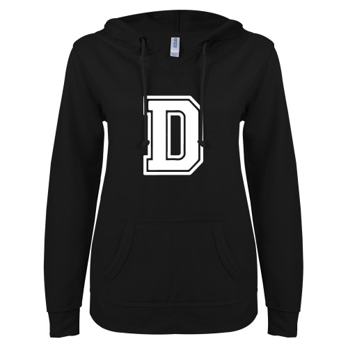  ENZA Womens Black V Notch Raw Edge Fleece Hoodie - D