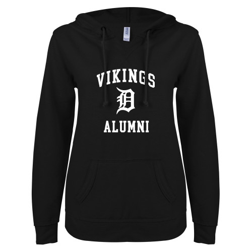  ENZA Womens Black V Notch Raw Edge Fleece Hoodie - Alumni