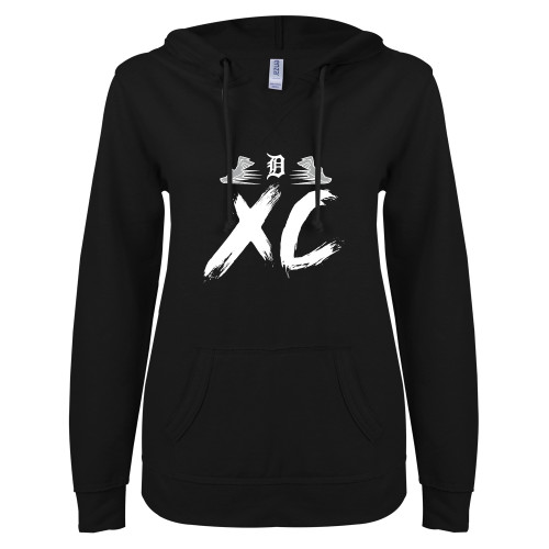  ENZA Womens Black V Notch Raw Edge Fleece Hoodie - Cross Country