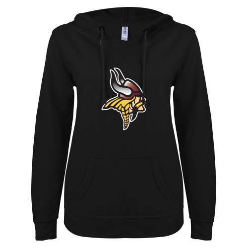 ENZA Womens Black V Notch Raw Edge Fleece Hoodie - Viking