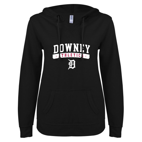  ENZA Womens Black V Notch Raw Edge Fleece Hoodie - Athletics