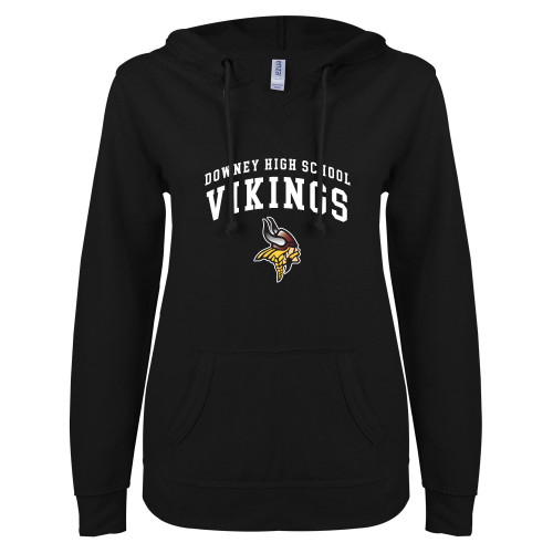  ENZA Womens Black V Notch Raw Edge Fleece Hoodie - Downey Vikings