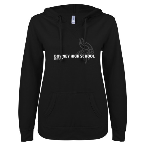  ENZA Womens Black V Notch Raw Edge Fleece Hoodie - Downey High School