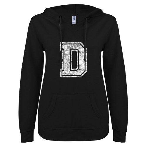  ENZA Womens Black V Notch Raw Edge Fleece Hoodie - D. Distressed