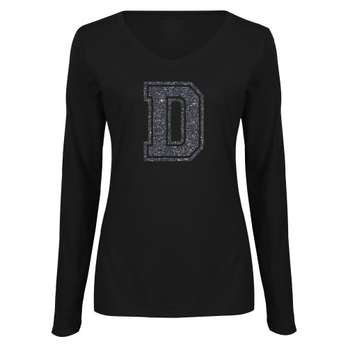  Womens Black Long Sleeve V Neck Tee  - F Graphite Soft Glitter