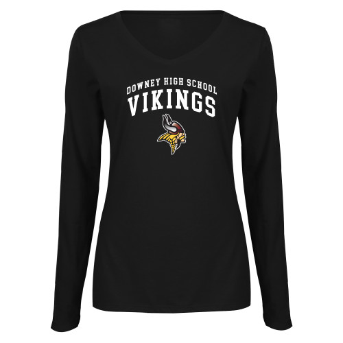  Womens Black Long Sleeve V Neck Tee  - Downey Vikings