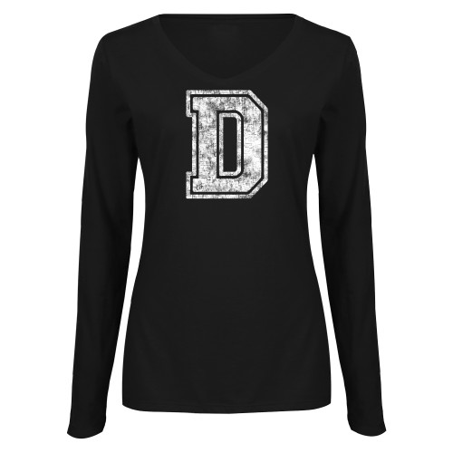  Womens Black Long Sleeve V Neck Tee  - D. Distressed