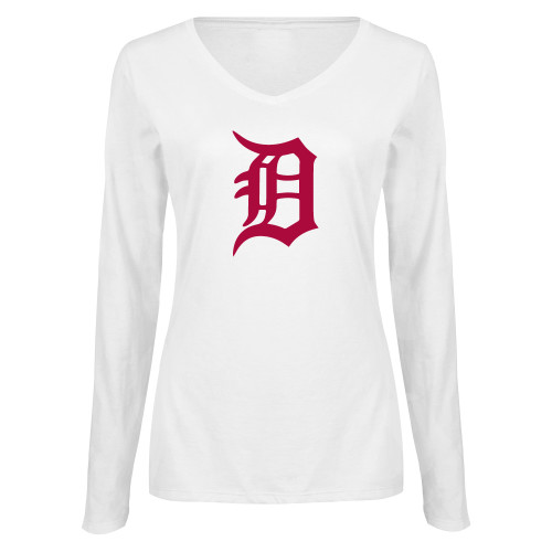  Womens White Long Sleeve V Neck Tee - Primary Mark